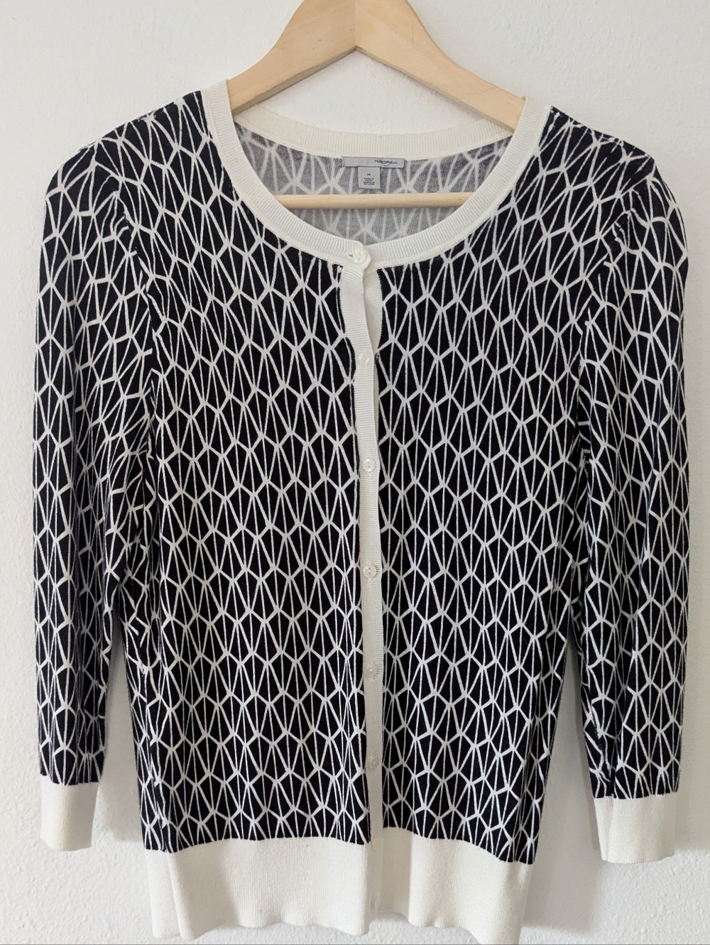 Halogen Black and White Geometric Knit Cardigan with Cream Trim